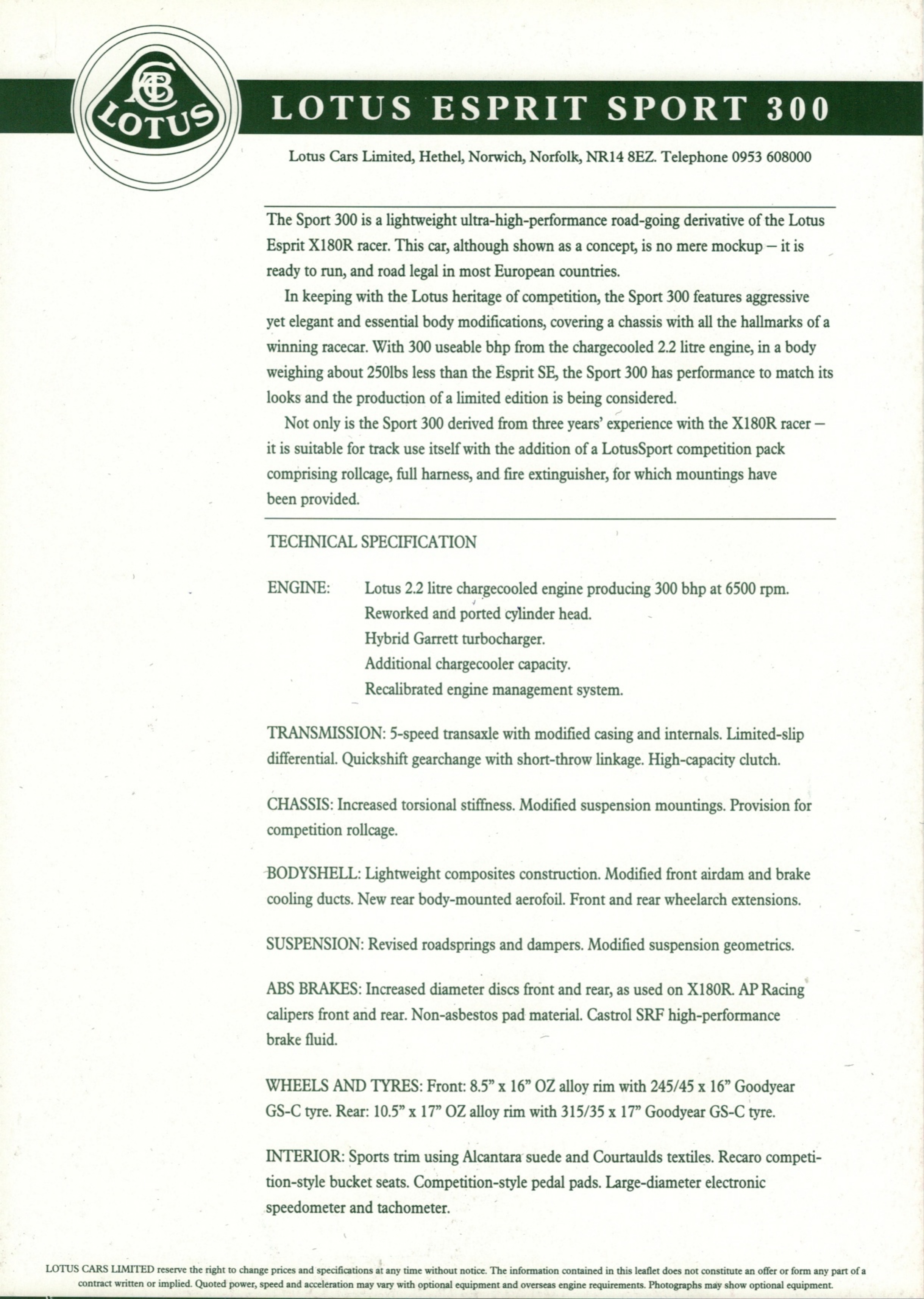 The Lotus Cars Limited leaflet for the Esprit Sport 300, reproduced as scanned. Note the tense: the car is “shown as a concept” and “the production of …
